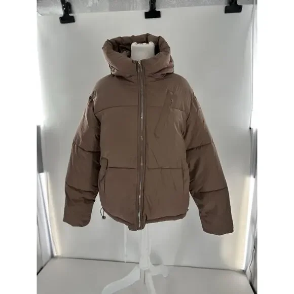 Shein Puffer Coat Jacket Sz L Brown Minimalist Trendy High Neck Normcore - Picture 1 of 11